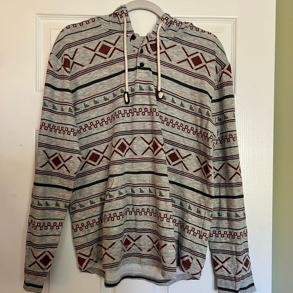 Grey Aztec Design Hoodie with Quarter Length Collar with Buttons.